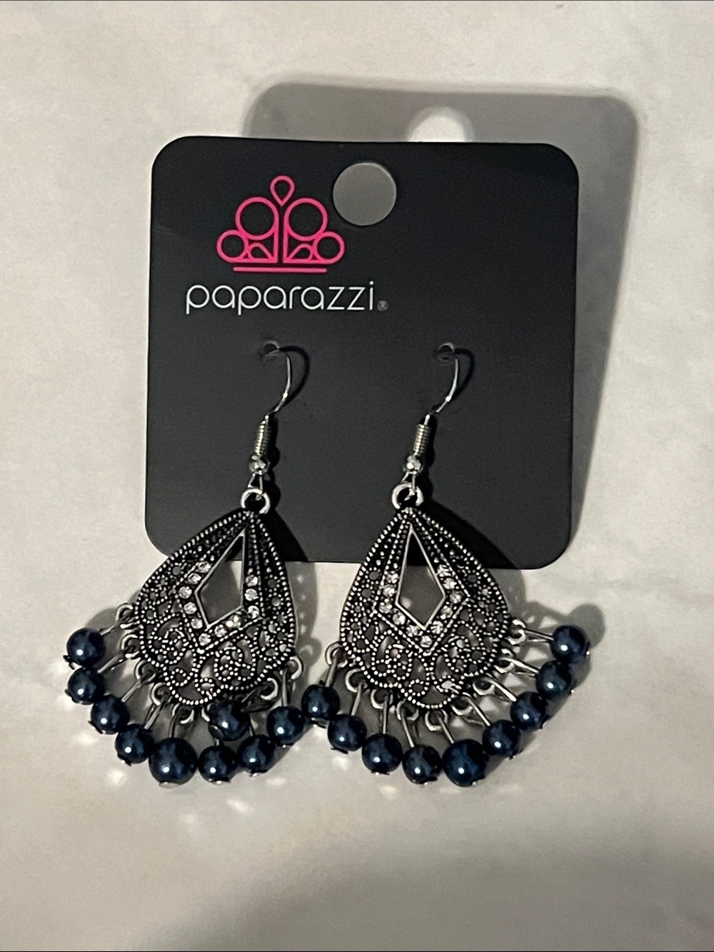 Paparazzi Silver-Tone Filigree Teardrop Earrings with Blue Beads